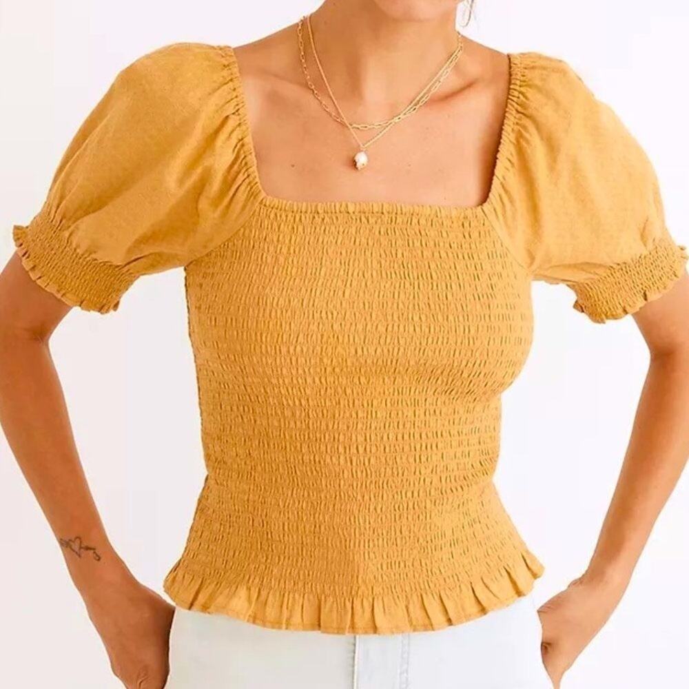 Madewell Lucie Gold Puff-Sleeve Smocked Bodice Top Size Medium NWT